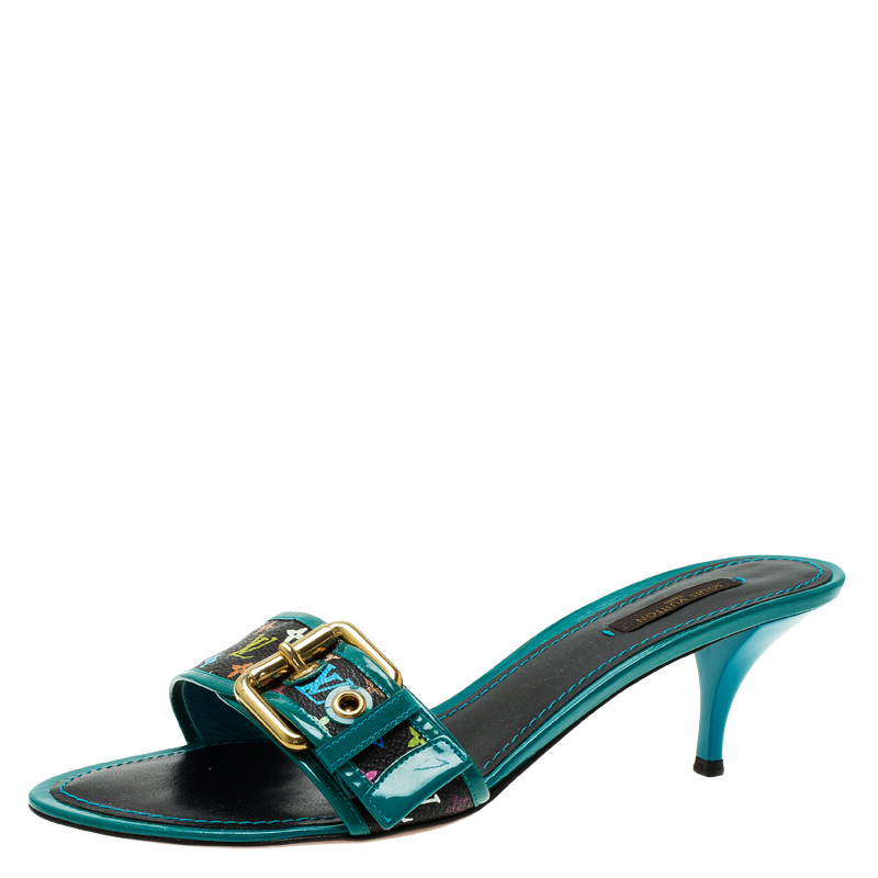 Louis Vuitton Teal Leather and Multicolor Monogram Buckle Kitten Heel Slides Size 40 - Buy ...