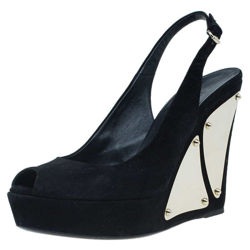 Gucci Black Suede Peep Toe Slingback Platform Wedge Sandals Size 36 ...